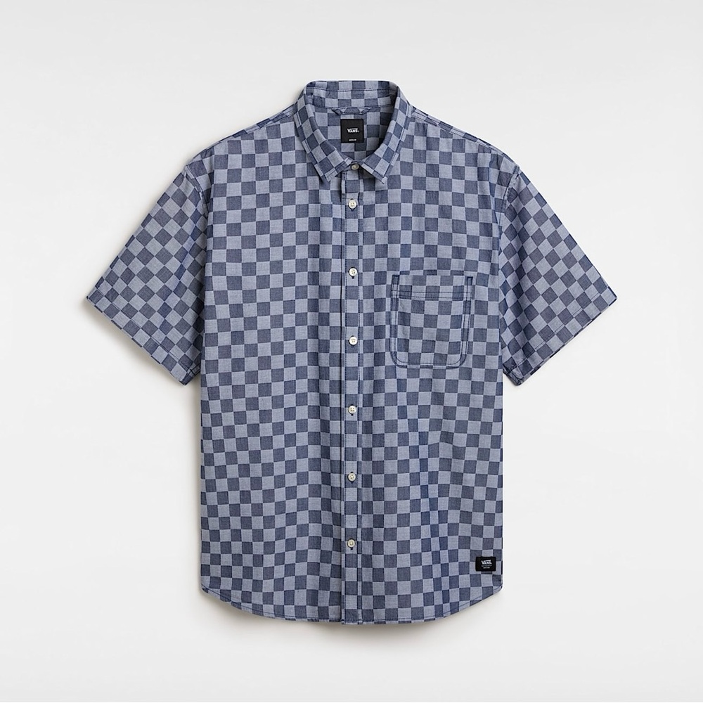 Men’s XL VANS Loose Fit Blue Checkered 100% Cotton Short Sleeve Button Up Shirt - Picture 11 of 15